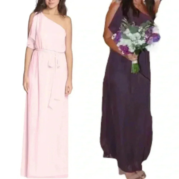Nouvelle Amsale Bea One Shoulder Chiffon Blouson Gown in Plum - Picture 1 of 9